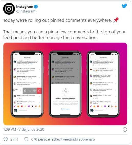 Instagram ganha novo recurso para fixar seus comentários preferidos