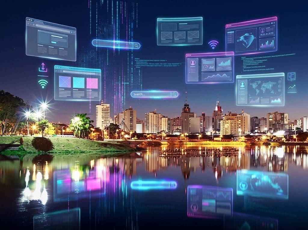 Ilustração de criação de sites em São José do Rio Preto com elementos digitais sobre a represa